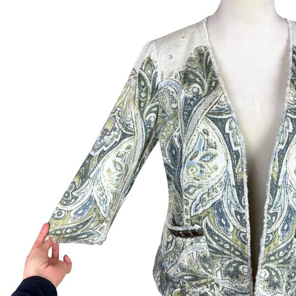 Chico's Sz 0 Embellished Heritage Soft Cotton Tweed Green Open Spring Jacket - Picture 8 of 14